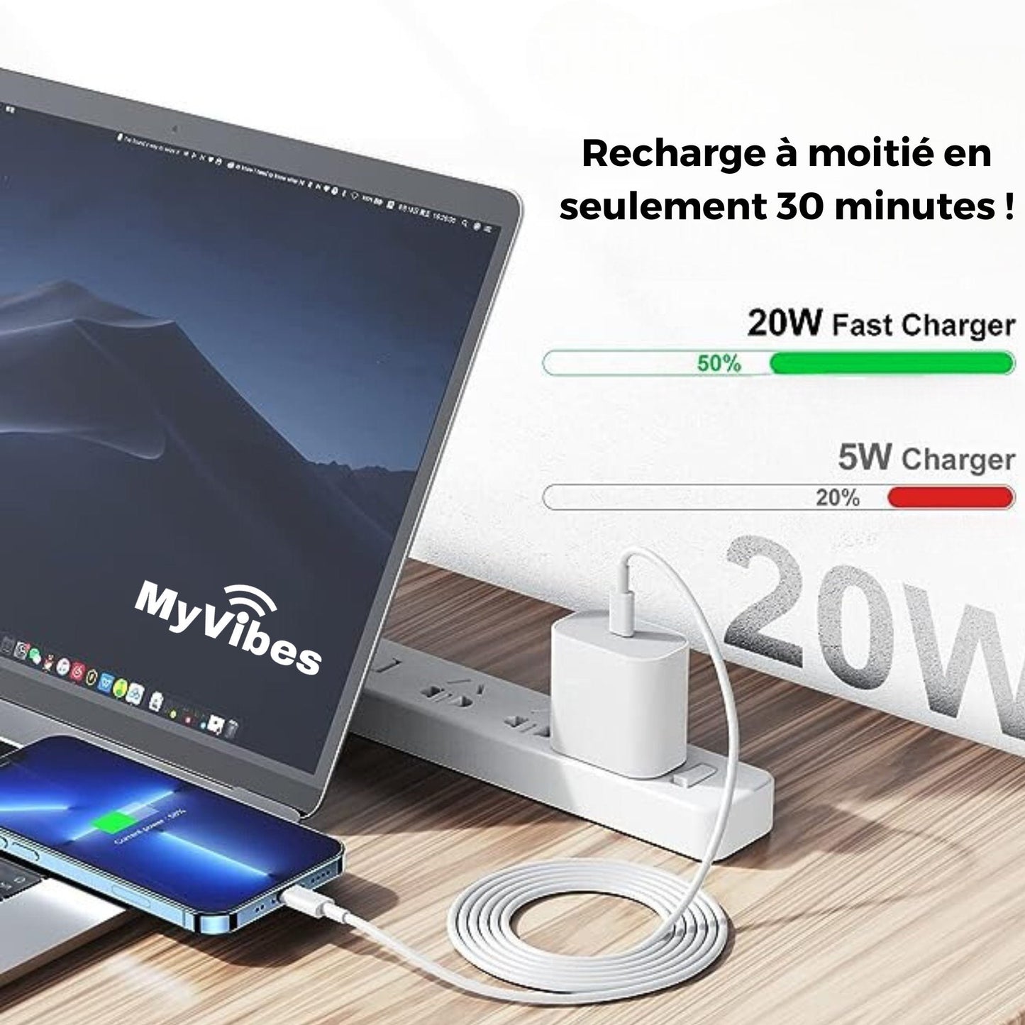 Chargeur rapide et efficace avec Adaptateur 20W + câble Lightning