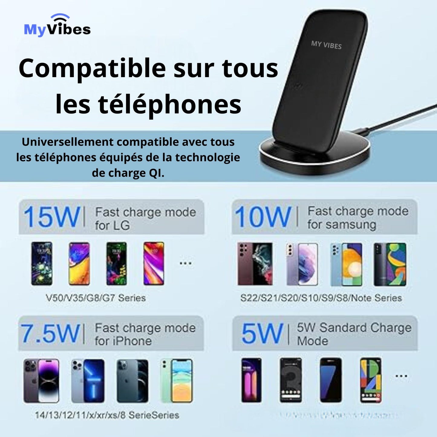 Support de charge rapide sans fil de bureau MyVibes 15W